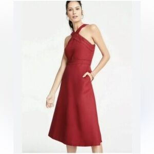 Ann Taylor Red Scarlet Halter Midi Dress Pockets Crochet Detail Size 10